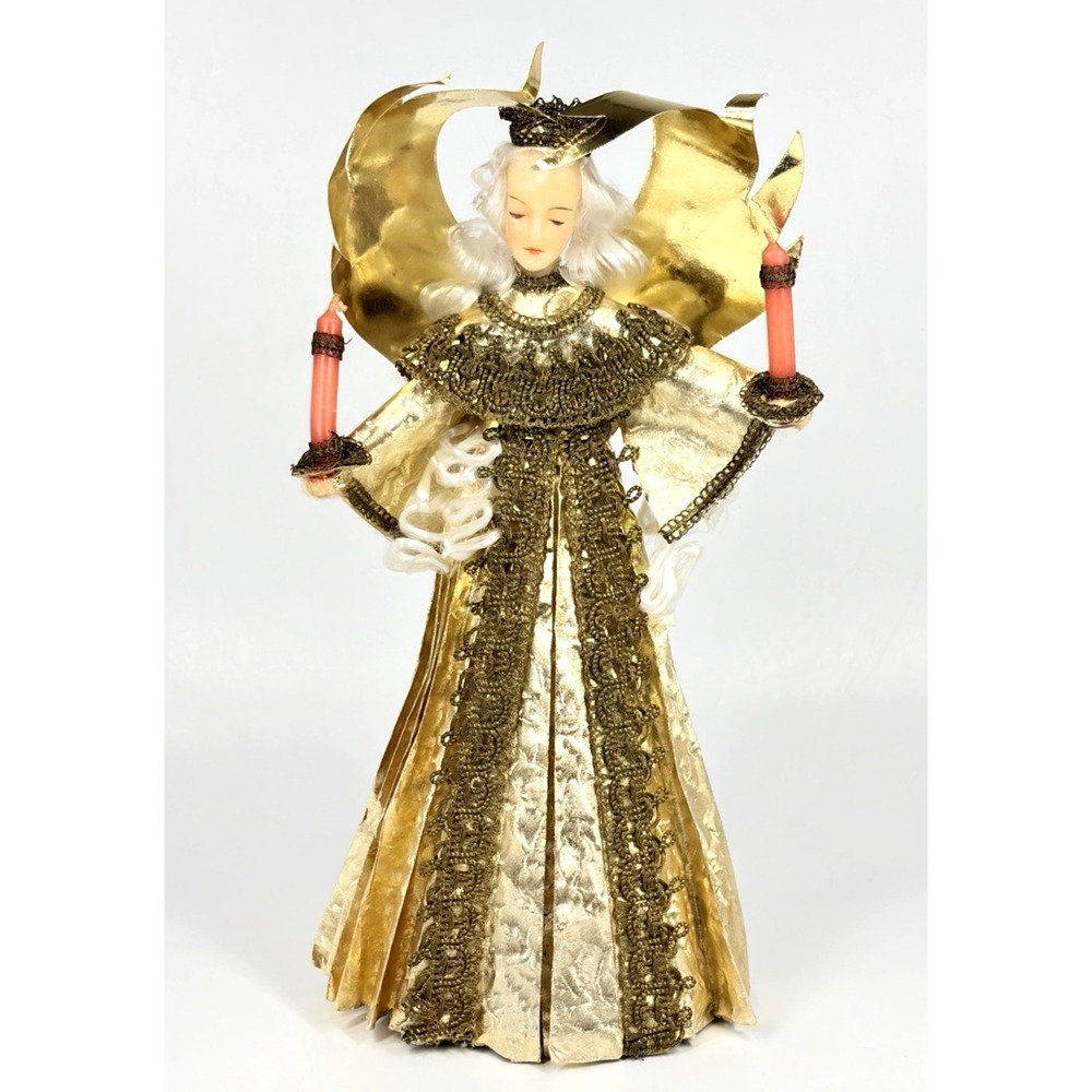 Vintage Koestel Wax Angel Christmas Tree Topper 11" West Germany Gold w/ Candles